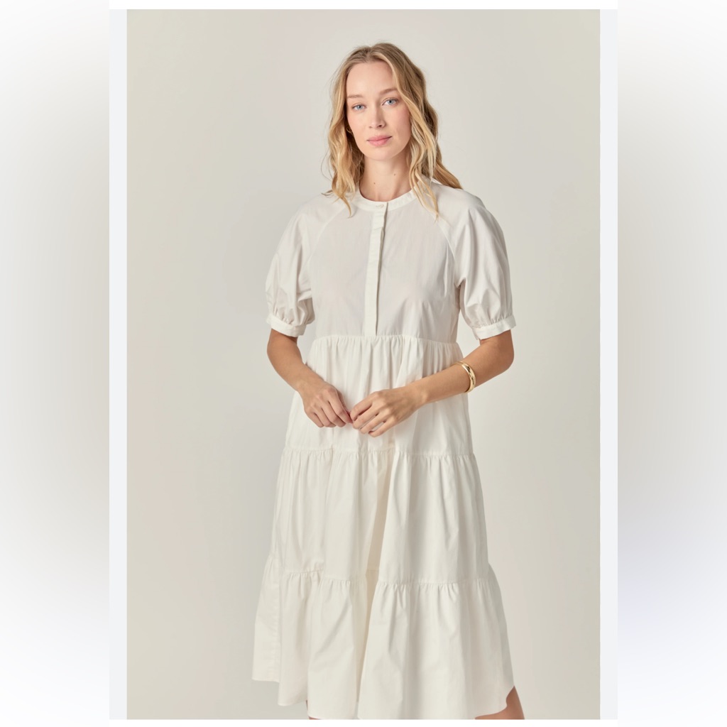 Relaxed Cream Tiered Puff Sleeve Midi Dress